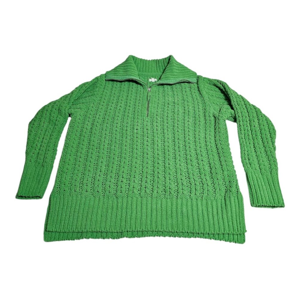 Aerie Cable Car Sweater Small Green 1/4 Zip Chunky Chenille Knit Cozy Oversized